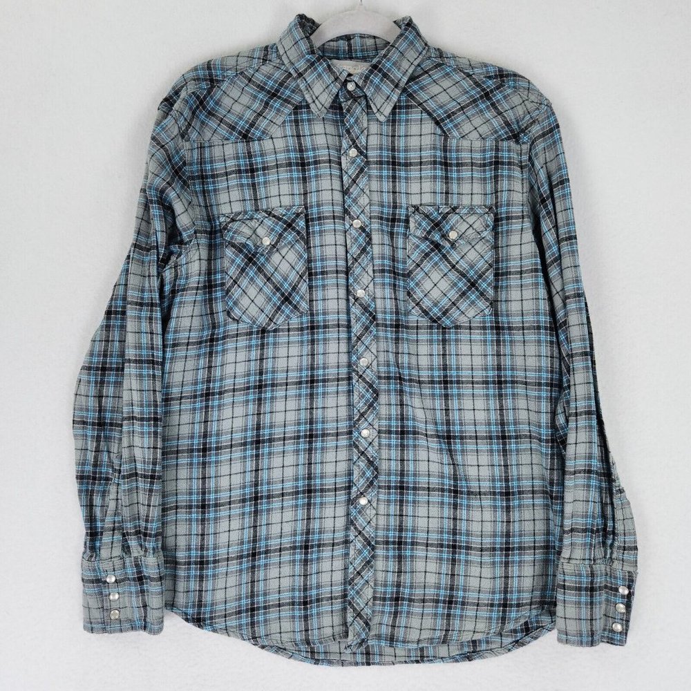 Wrangler Shirt Mens Large Gray Blue Plaid Wrancher Shirts Pearl Snap Flannel